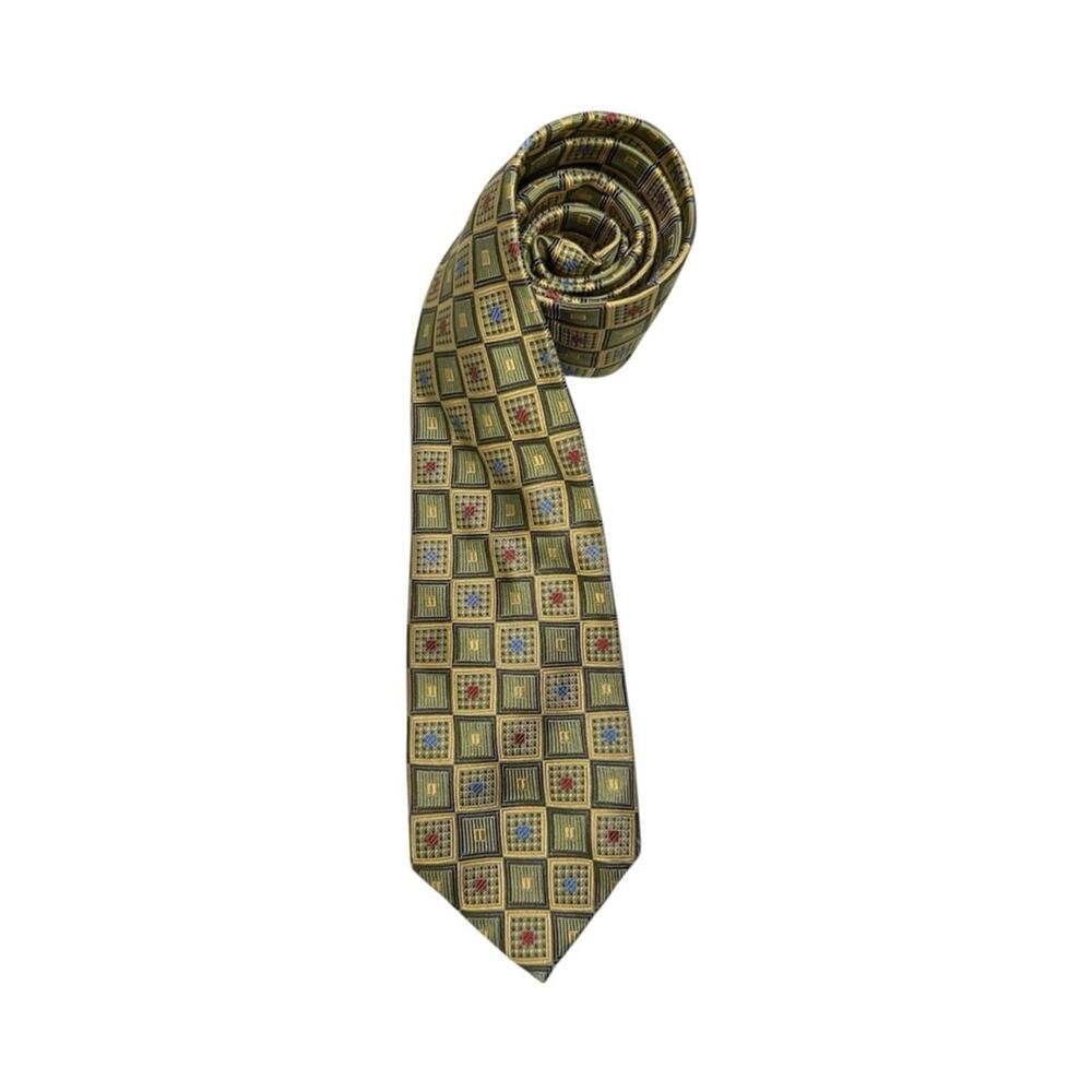 Bruno Piattelli Roma Vintage Gold Green Geometric Print Silk Necktie Tie